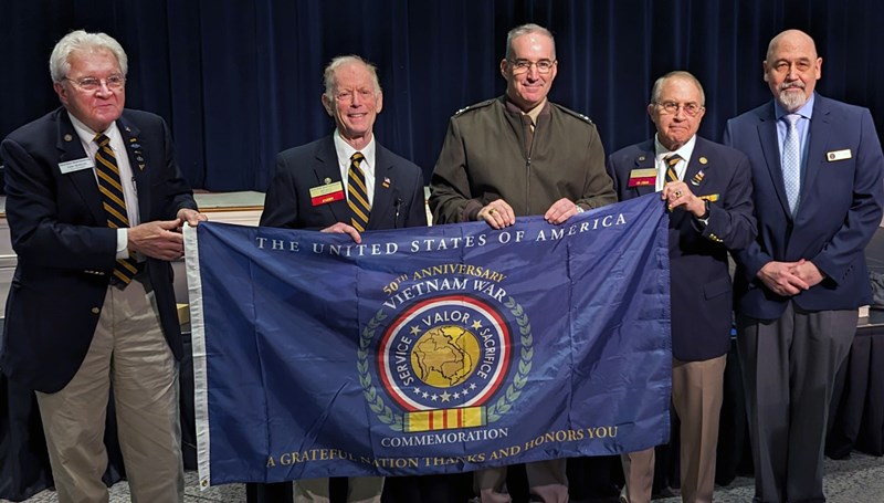 VWC Director, U.S. Army Maj. Gen. Edward Chrystal, Jr., <small>(center)</small> and VWC History and Legacy Chief, Mr. Mark Franklin (<small>far right</small>), with AVVBA members (from l-r): AVVBA Foundation Chairman of the Board, Mr. Ham Henson; AVVBA President, Mr. Art Katz; and AVVBA Chairman of the Board, Mr. Carl Bell.